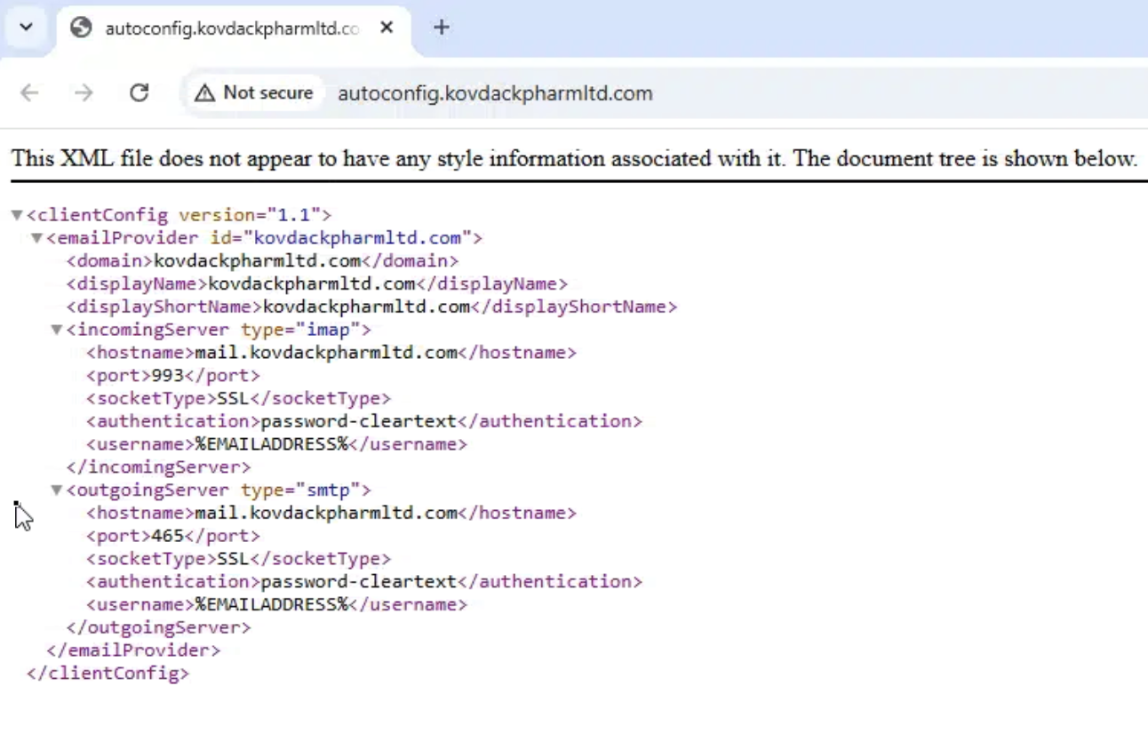 autoconfig XML for kovdackpharmltd.com showing mail host settings