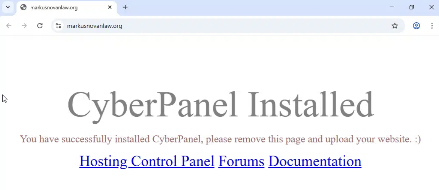 markusnovanlaw.org showing a CyberPanel installed default page