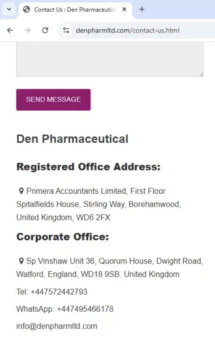 Denpharm contact page showing address and phone numbers