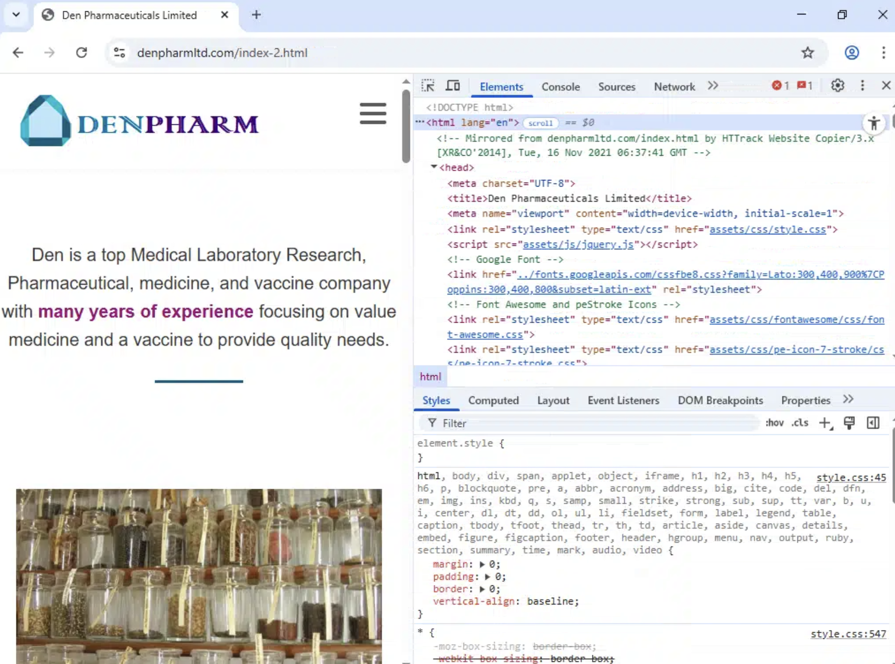 Denpharm index-2 page showing HTTrack mirror comment