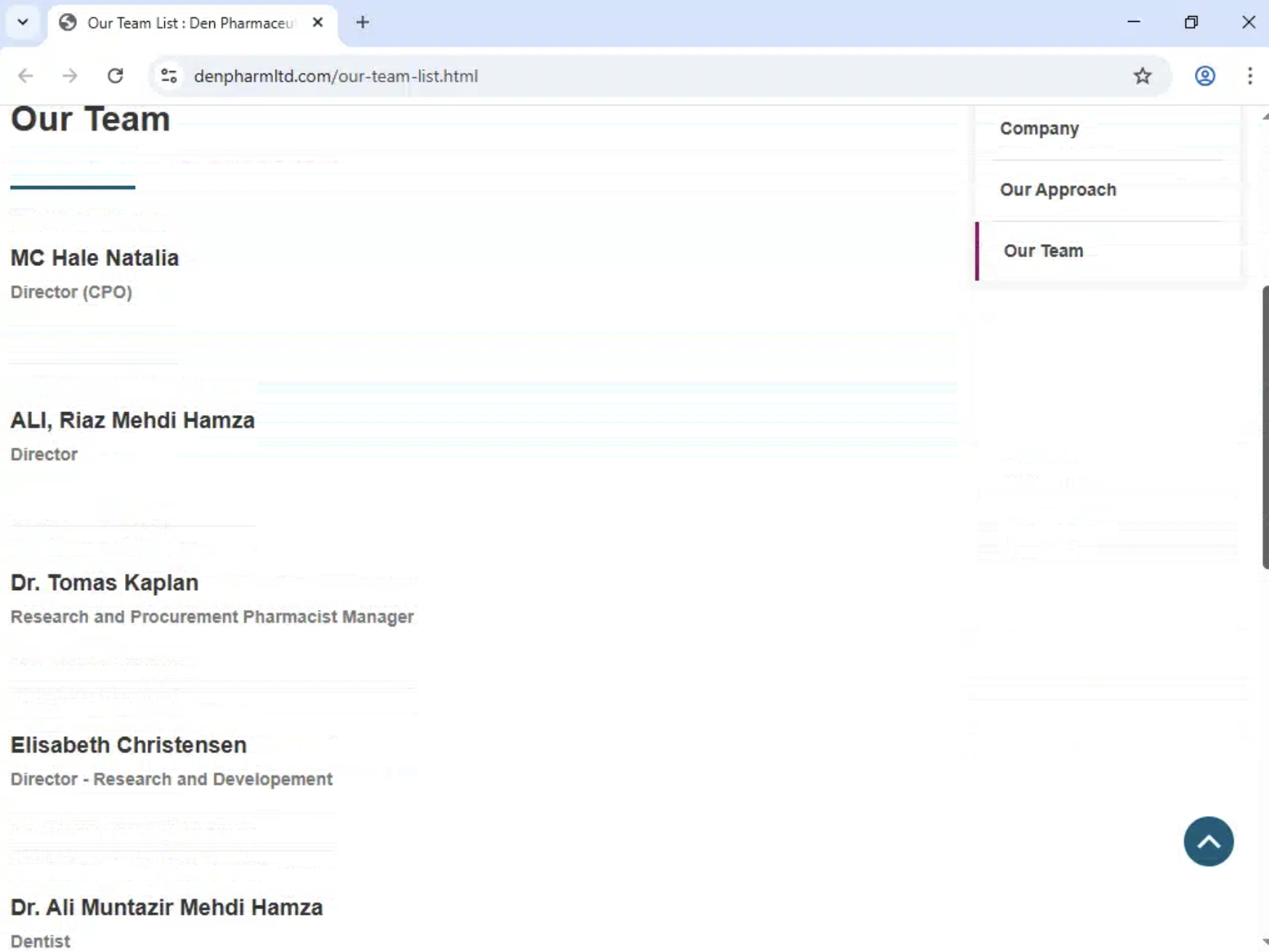 Denpharm team page showing Hale Natalia and Tomas Kaplan personas