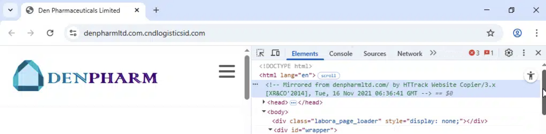 Developer tools showing Denpharm HTTrack mirror comment