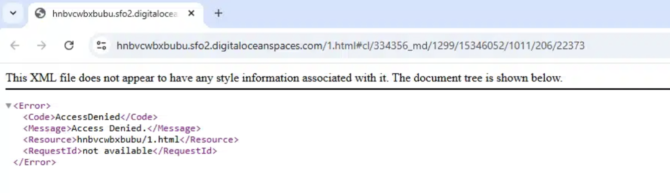 DigitalOcean Spaces XML AccessDenied response for the first-stage HTML object