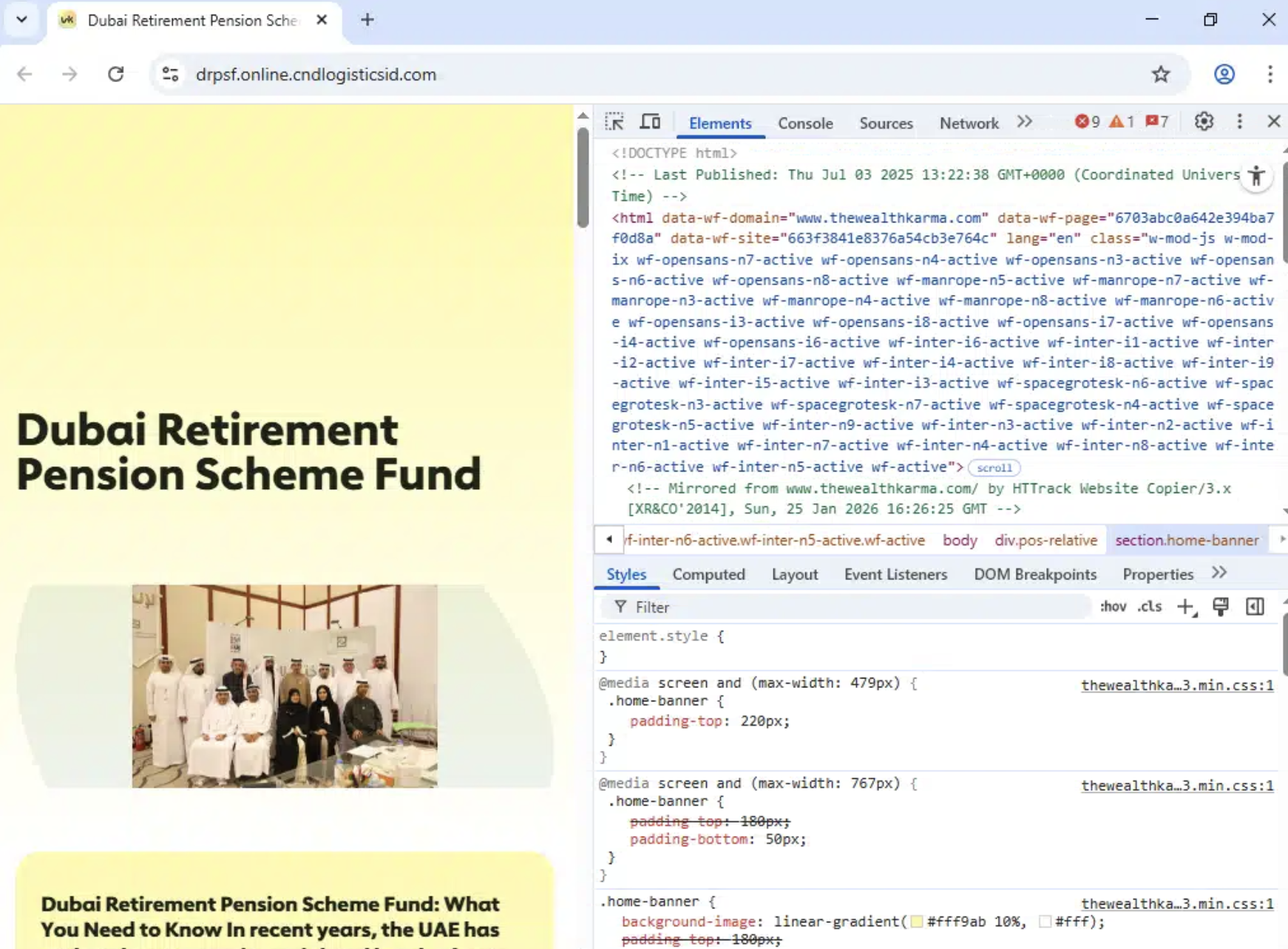 Developer tools showing drpsf.online page mirrored from thewealthkarma.com
