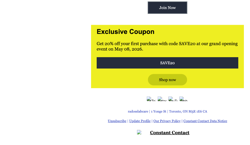 Rendered email footer showing coupon SAVE20 and Constant Contact branding