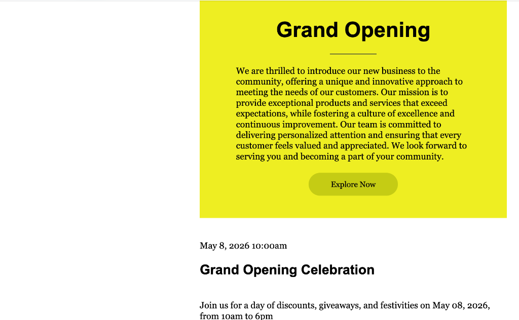 Rendered email body showing Grand Opening celebration copy