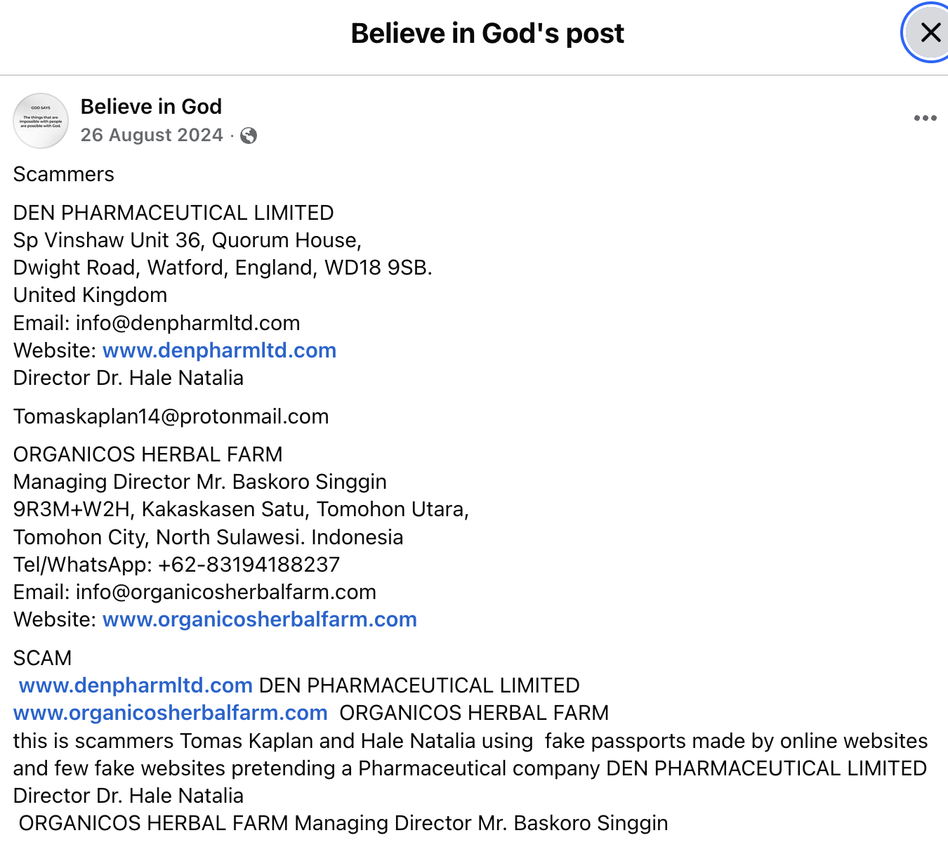Facebook warning post for Den Pharmaceuticals Limited and Organicos Herbal Farm