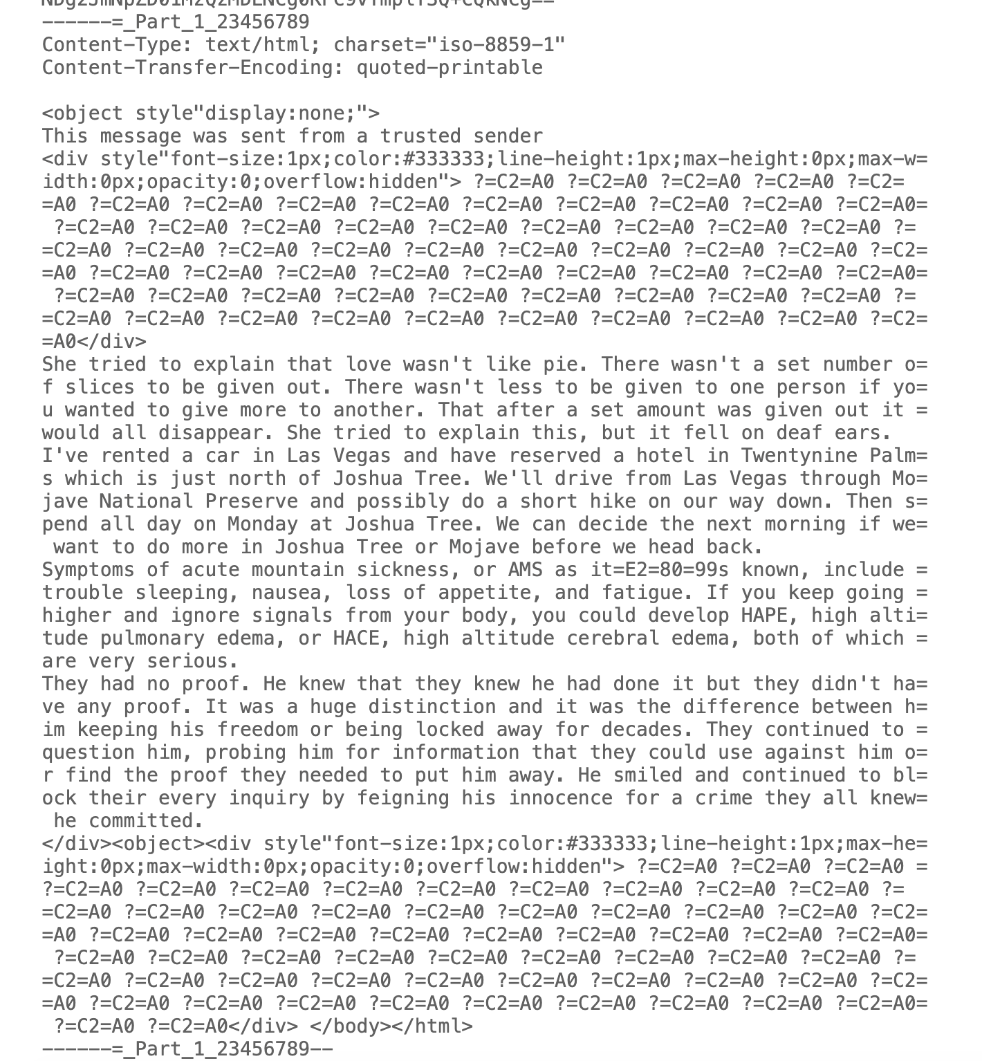 Raw HTML showing hidden filler text inside zero-size objects