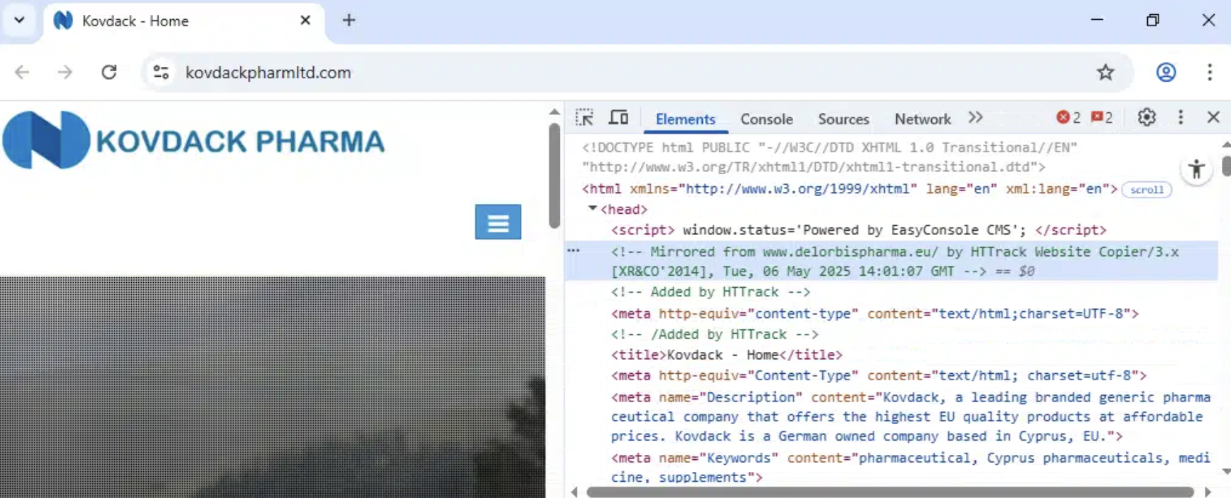 Developer tools showing HTTrack mirror comment from Delorbis Pharma