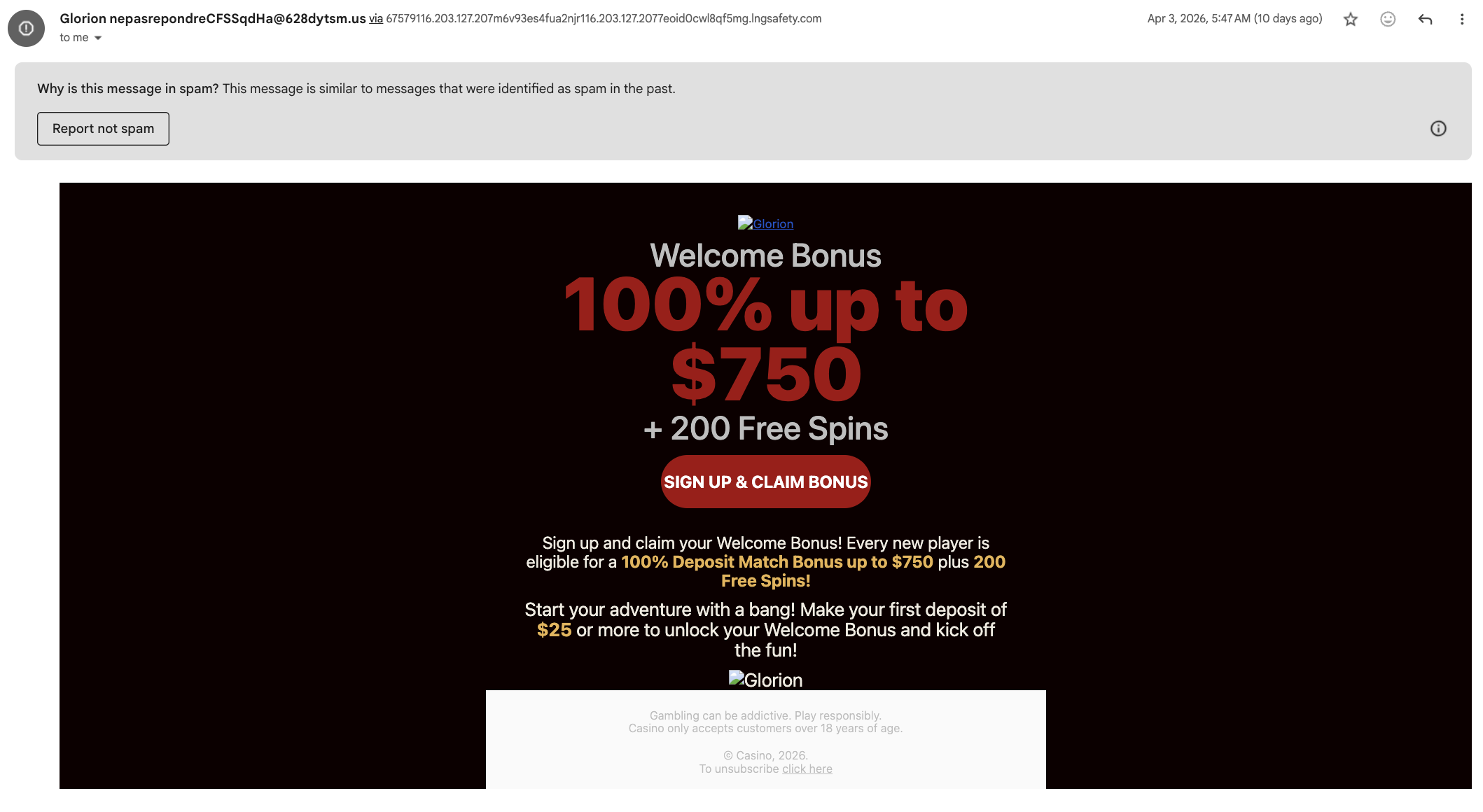 Lure page showing the casino scam