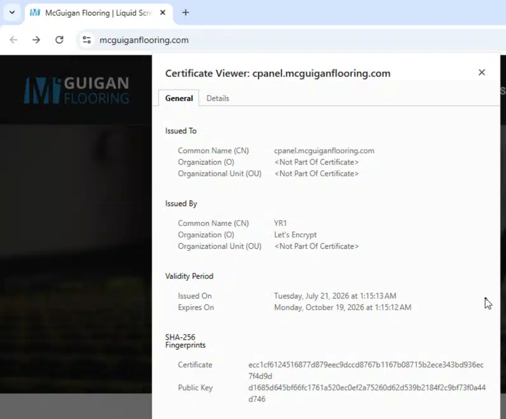 Certificate viewer showing Let's Encrypt cert issued for cpanel.mcguiganflooring.com on July 21, 2026