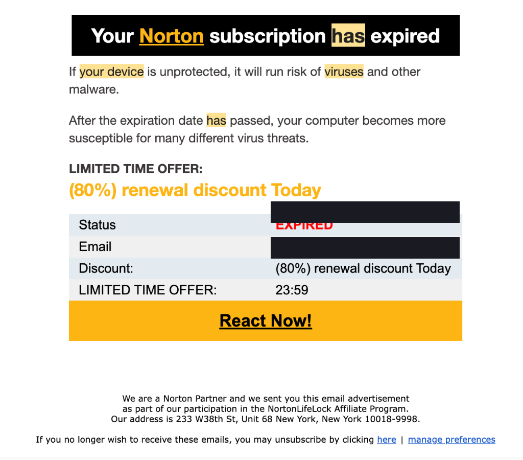 Norton Anti-Virus Expiration Lure