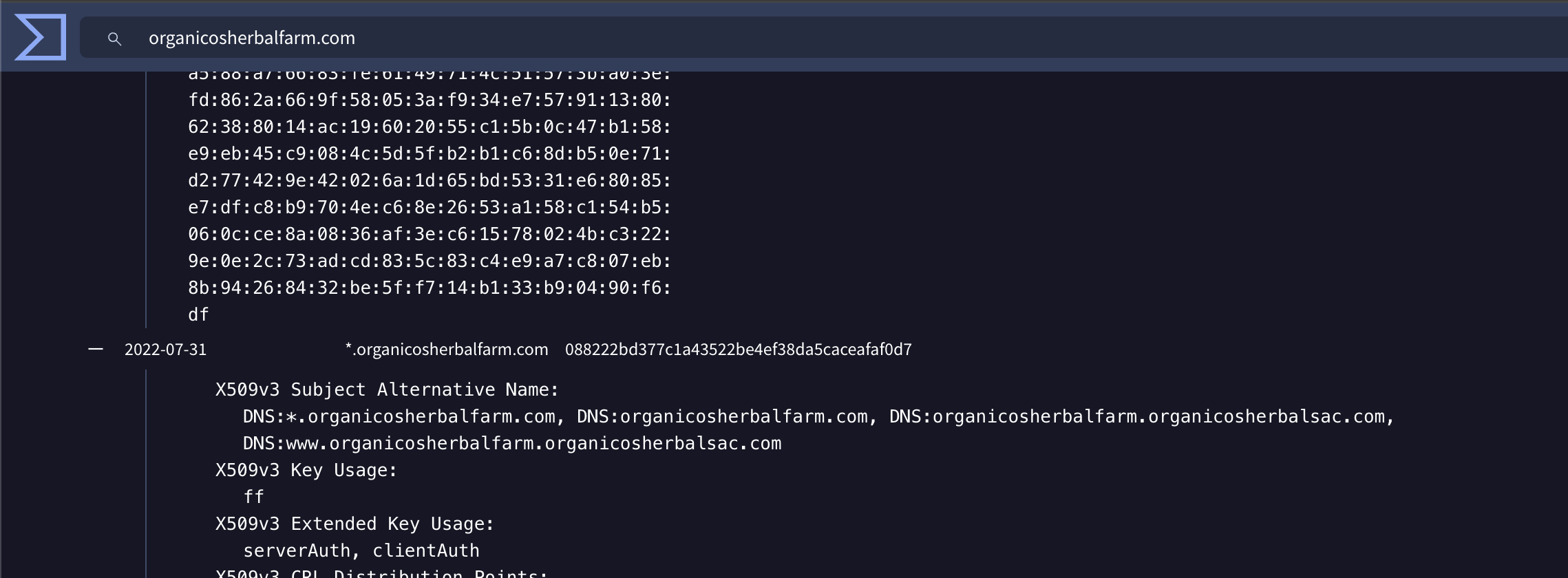 VirusTotal certificate SANs for organicosherbalfarm.com showing organicosherbalsac.com nesting