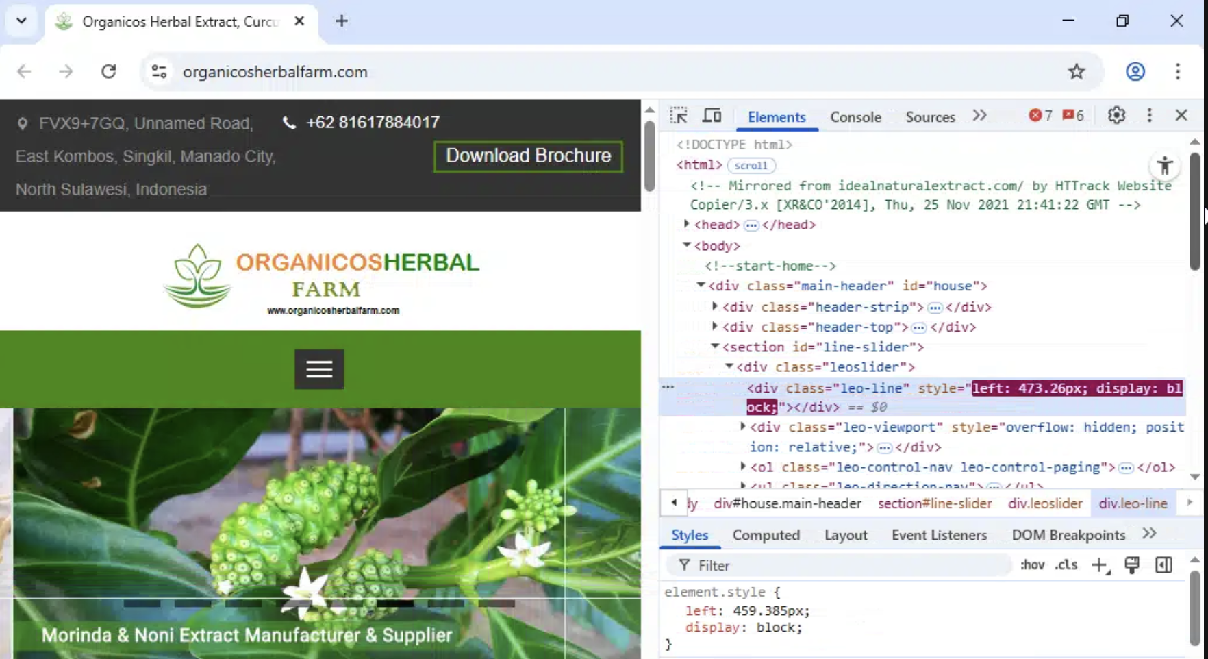 Organicos Herbal Farm page showing HTTrack mirror comment from Ideal Natural Extract