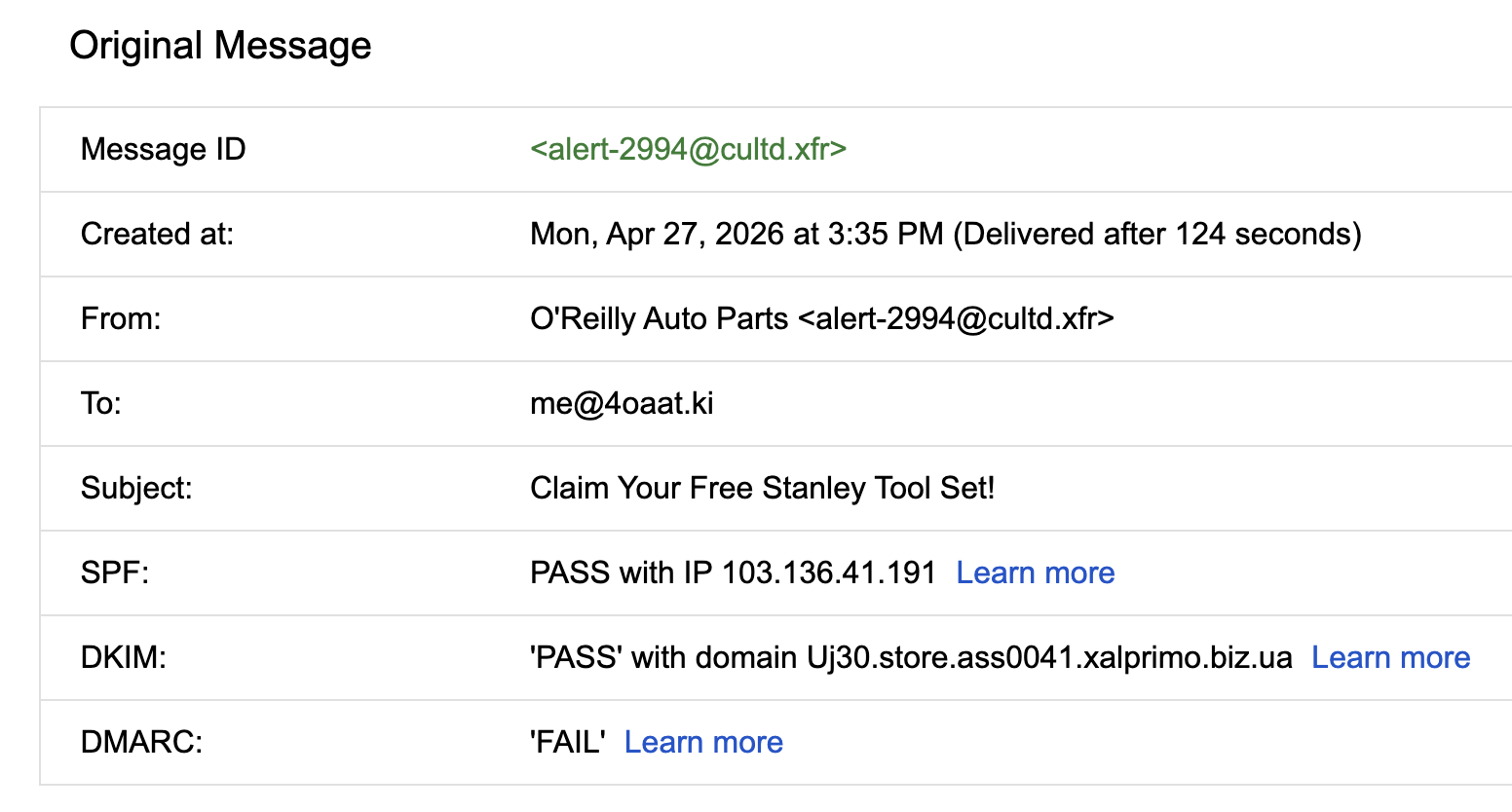 Original message authentication panel showing SPF pass, DKIM pass on an unrelated domain, and DMARC fail