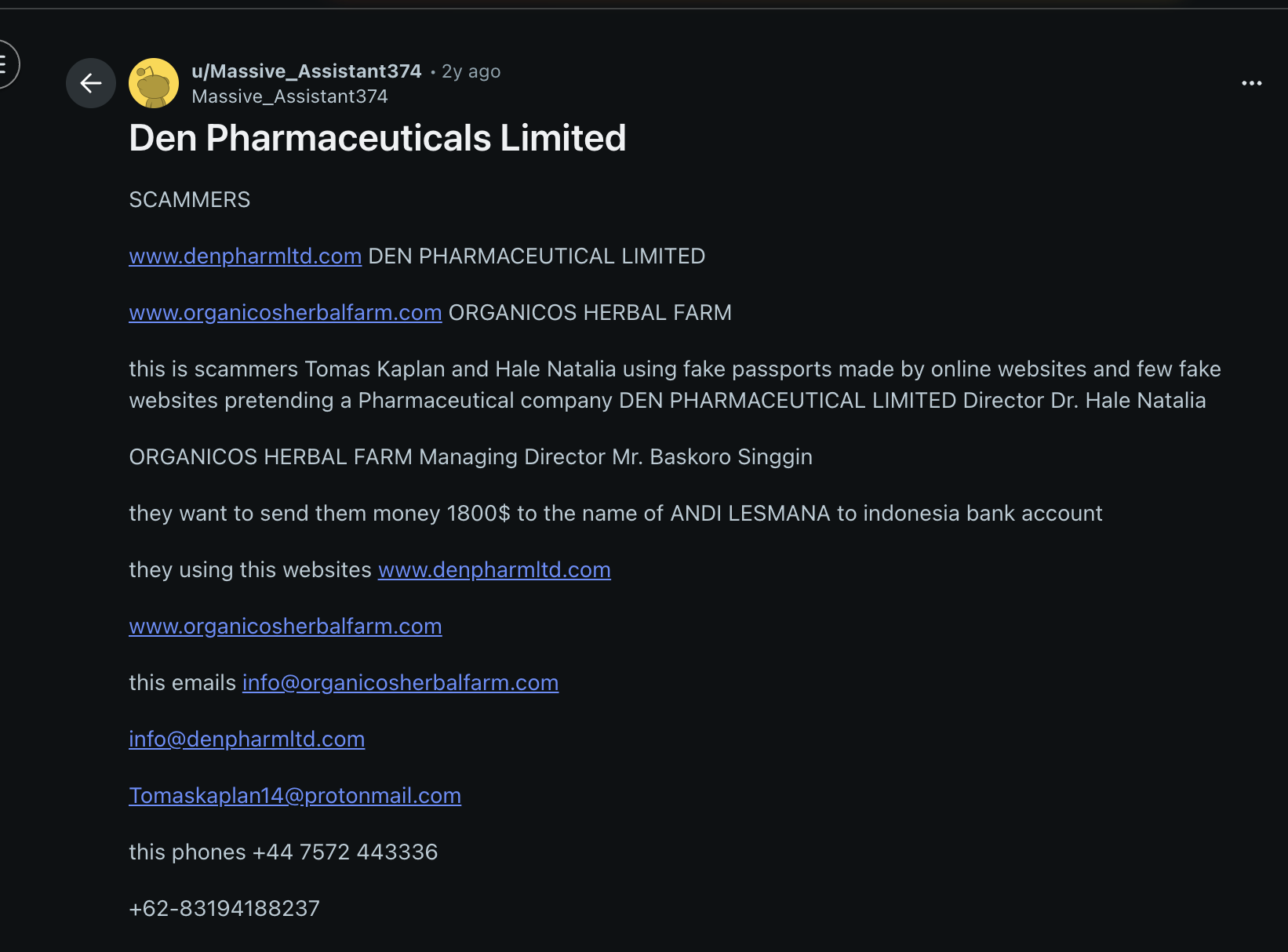 Reddit warning post for Den Pharmaceuticals Limited