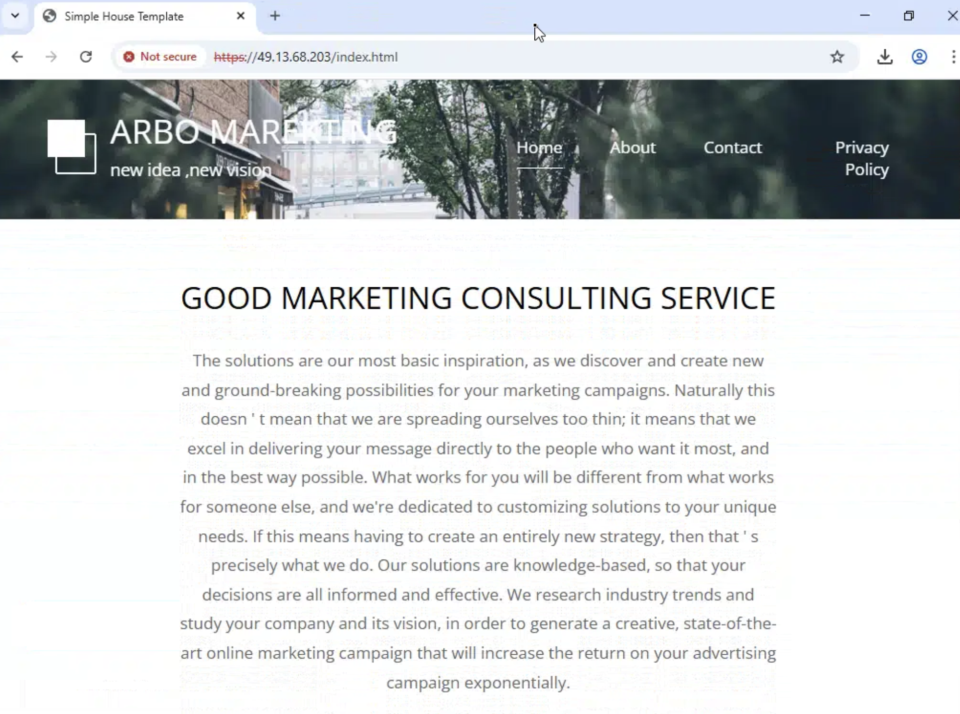 ARBO MARKETING cover page served from the redirect IP