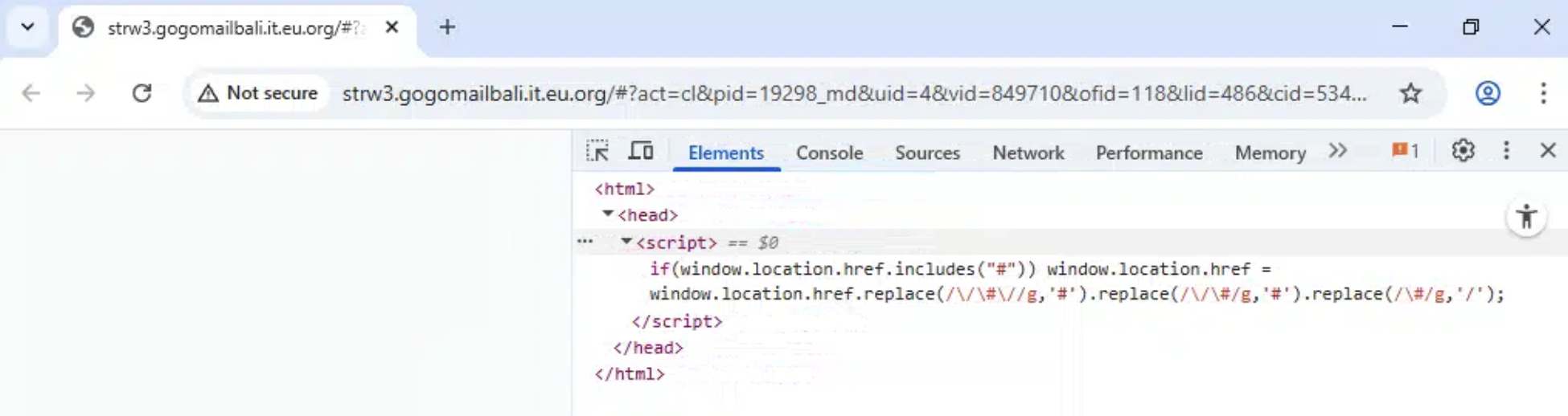 Browser developer tools showing a redirect-normalizing script on the first-hop page