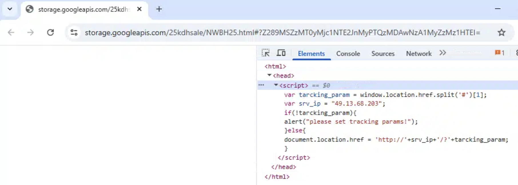 Browser developer tools showing the Cloud Storage redirect script