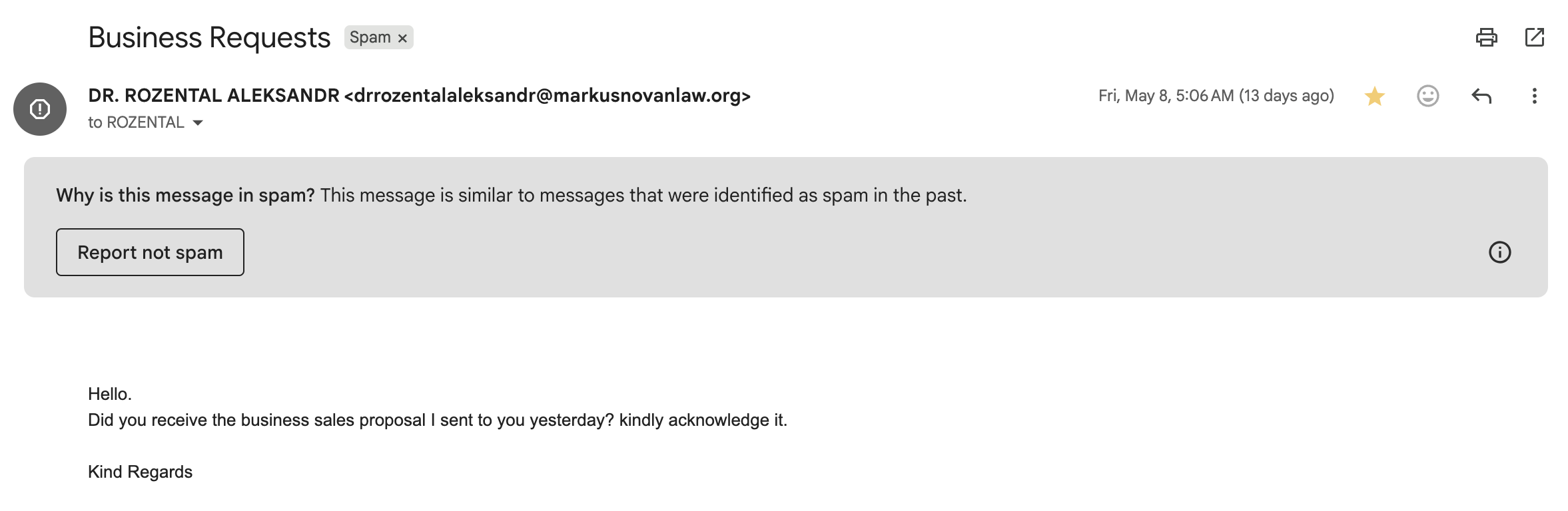 Rendered Gmail spam message titled Business Requests