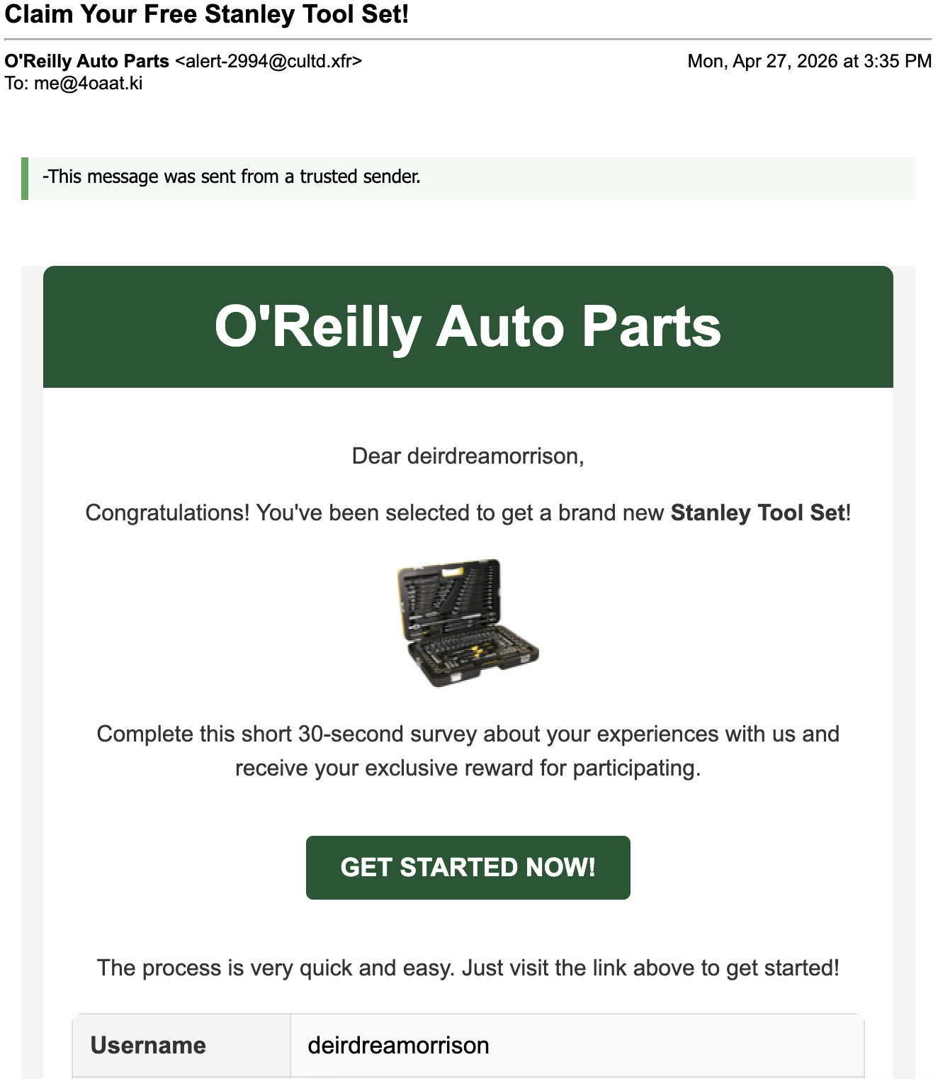 image of a phishy tool set email