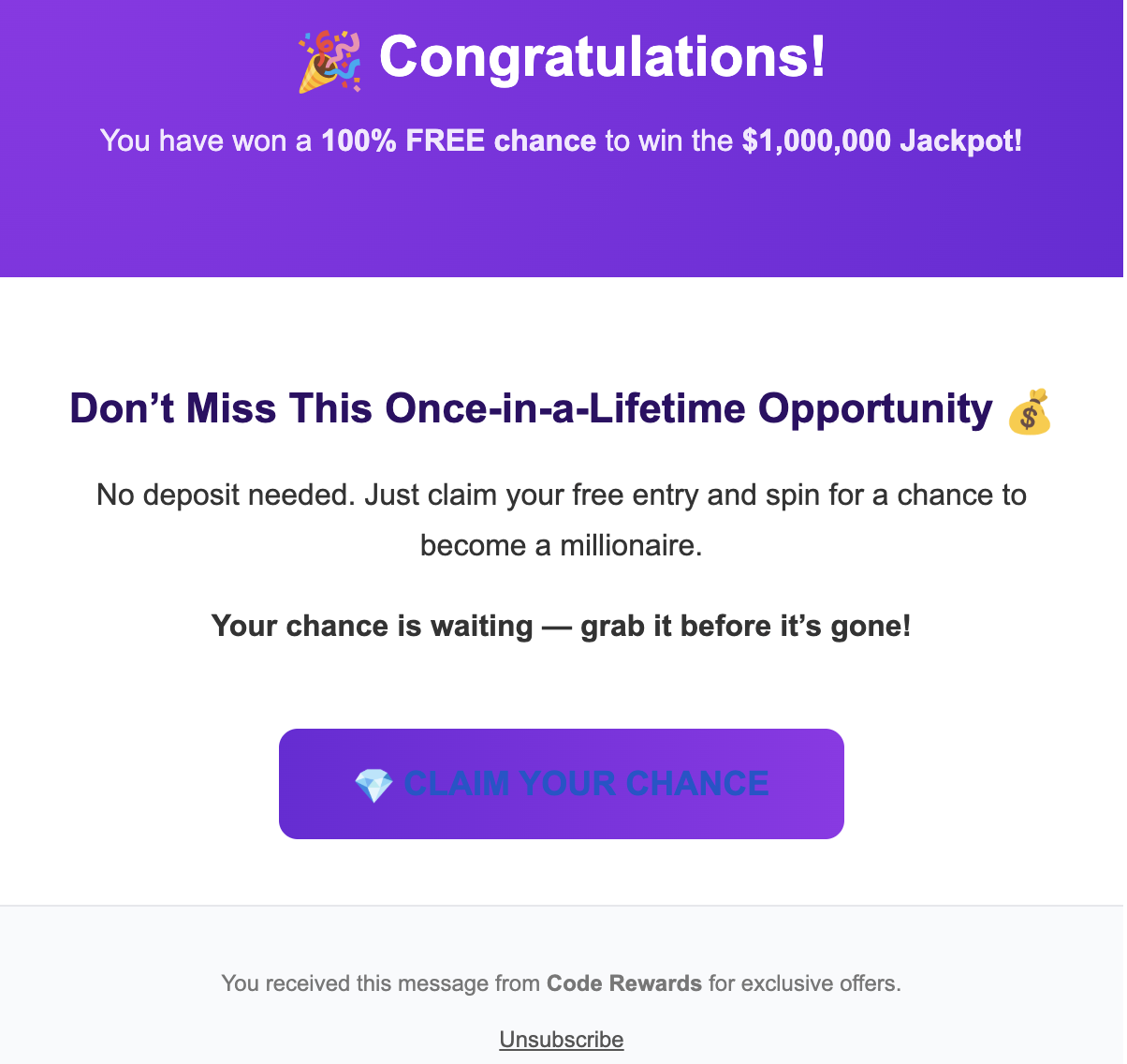 Rendered jackpot lure claiming a free chance to win a million-dollar jackpot