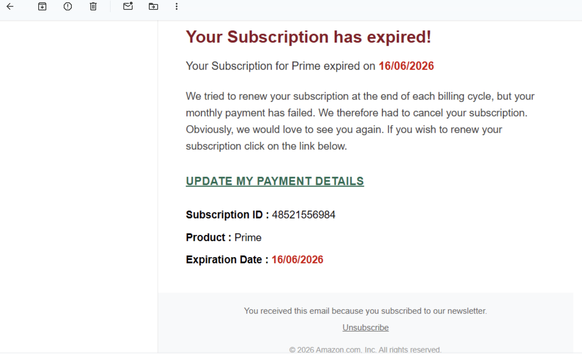 Rendered Gmail message showing fake Prime subscription expiration details