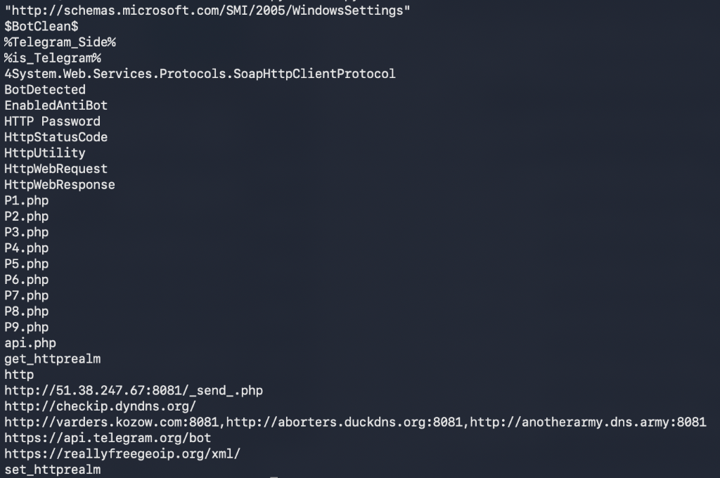 Snake Keylogger embedded C2 domains and exfiltration PHP/Telegram endpoints in strings output