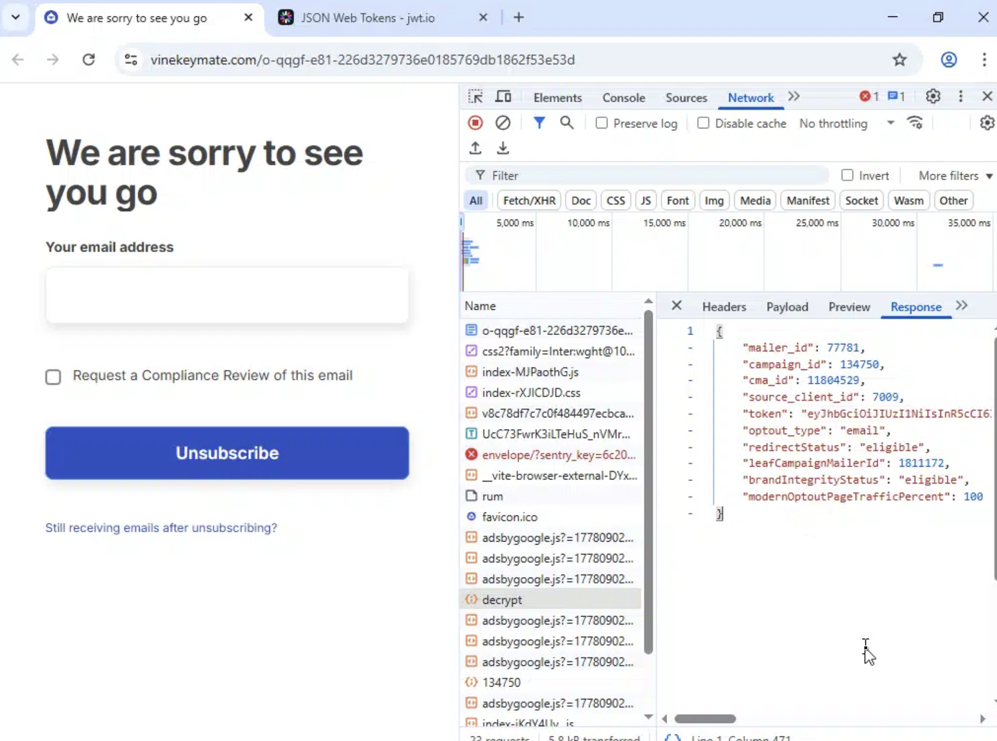Sandboxed unsubscribe page and network response showing campaign metadata