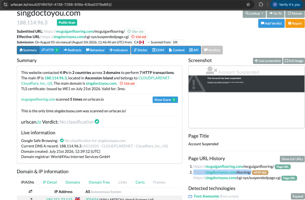 urlscan.io scan results for singdoctoyou.com showing suspended account and Cloudflare WAF block